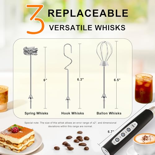 YUSWKO Black Handheld Milk Frother Wand for Coffee, Rechargeable Electric Whisk with 3 Heads 3 Speeds Drink Mixer Coffee Frother For Latte, Cappuccino, Hot Chocolate, Egg - My Kitchen Products