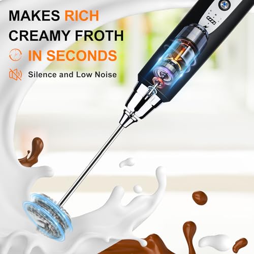 YUSWKO Black Handheld Milk Frother Wand for Coffee, Rechargeable Electric Whisk with 3 Heads 3 Speeds Drink Mixer Coffee Frother For Latte, Cappuccino, Hot Chocolate, Egg - My Kitchen Products