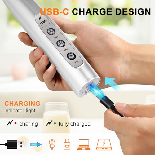 YUSWKO Handheld Milk Frother Wand for Coffee, Rechargeable Electric Whisk with 3 Heads 3 Speeds Drink Mixer Coffee Frother For Latte, Cappuccino, Hot Chocolate, Egg, Silver - My Kitchen Products