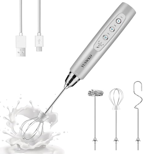 YUSWKO Handheld Milk Frother Wand for Coffee, Rechargeable Electric Whisk with 3 Heads 3 Speeds Drink Mixer Coffee Frother For Latte, Cappuccino, Hot Chocolate, Egg, Silver - My Kitchen Products