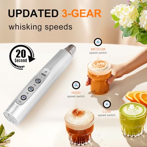 YUSWKO Handheld Milk Frother Wand for Coffee, Rechargeable Electric Whisk with 3 Heads 3 Speeds Drink Mixer Coffee Frother For Latte, Cappuccino, Hot Chocolate, Egg, Silver - My Kitchen Products