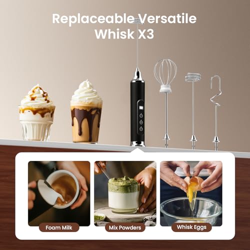 YUSWKO Milk Frother Wand for Coffee, Handheld Coffee Frother, Rechargeable Drink Mixer, Waterproof Electric Whisk, Black - My Kitchen Products