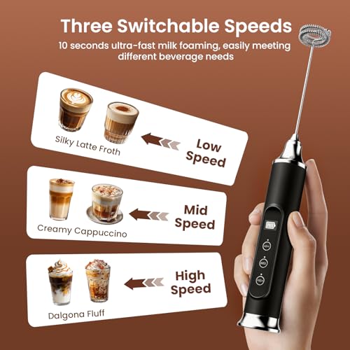 YUSWKO Milk Frother Wand for Coffee, Handheld Coffee Frother, Rechargeable Drink Mixer, Waterproof Electric Whisk, Black - My Kitchen Products
