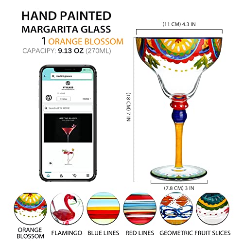 YY Hand Painted Margarita Glass - Moroccan Collection - Hand Painted Glassware by Artists - Unique and Decorative Margarita Glasses, Kitchen Table Décor (Orange Blossom) - My Kitchen Products