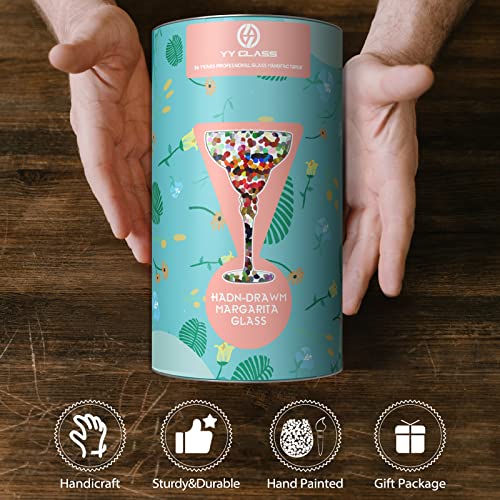 YY Hand Painted Margarita Glass - Moroccan Collection - Hand Painted Glassware by Artists - Unique and Decorative Margarita Glasses, Kitchen Table Décor (Orange Blossom) - My Kitchen Products