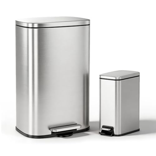 ZABINS 13 Gallon Trash Can (50L) and 1.6 Gallon (6L) Kitchen Trash Can Combo Set, Stainless Steel Garbage Can with Lid and Step-on Pedal, Soft Close Waste Bin with Inner Bucket for Home & Office - My Kitchen Products