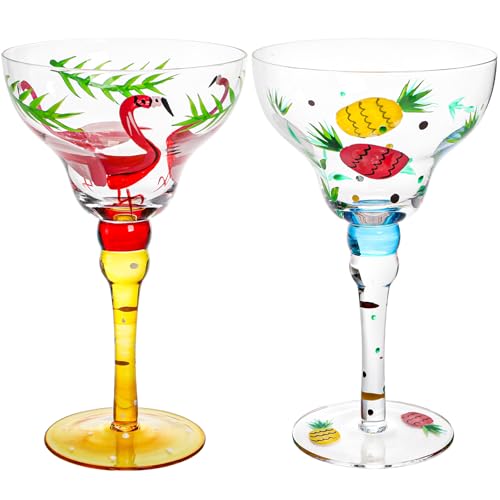 ZAVOOS Set of 2 Margarita Glass, 10 Oz Mexican Hand Blown Glasses for Martini, Hand Painted Modern Wine Glasses Coupe