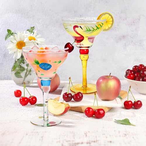 ZAVOOS Set of 2 Margarita Glass, 10 Oz Mexican Hand Blown Glasses for Martini, Hand Painted Modern Wine Glasses Coupe Cocktail Drinkware for Champagne, Cinco de Mayo, Party Decorations - My Kitchen Products