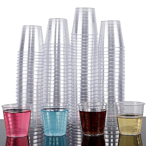 Zcaukya 100 Shot Glasses, 1oz Clear Plastic Disposable Hard Cups, Mini Cups Great Container for Sauce, Sample