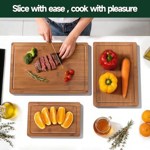 Zeawec 3-Piece Set Bamboo Cutting Board for Kitchen - Crack-Resistant Wood Chopping Boards with Deep Juice Grooves, Pre-Oiled Butcher Block for Meat, Vegetables & Cheese, Carbonized - My Kitchen Products