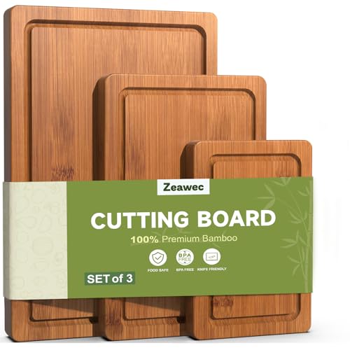 Zeawec 3-Piece Set Bamboo Cutting Board for Kitchen - Crack-Resistant Wood Chopping Boards with Deep Juice Grooves, Pre-Oiled Butcher Block for Meat, Vegetables & Cheese, Carbonized - My Kitchen Products