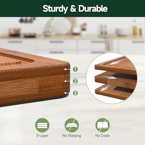 Zeawec 3-Piece Set Bamboo Cutting Board for Kitchen - Crack-Resistant Wood Chopping Boards with Deep Juice Grooves, Pre-Oiled Butcher Block for Meat, Vegetables & Cheese, Carbonized - My Kitchen Products