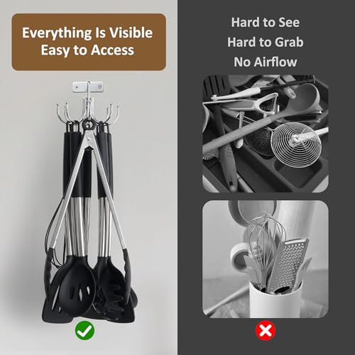 ZEDODIER Kitchen Cooking Utensil Holder, 360° Rotating Kitchen Hooks for Hanging Utensils, Heavy Duty Metal Utensil Rack with 8 Storage Capacity for Utensil, Towel, Pot, Glove, Aprons, Silver - My Kitchen Products