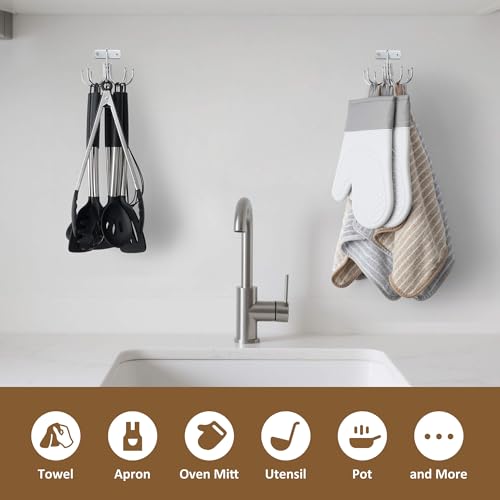 ZEDODIER Kitchen Cooking Utensil Holder, 360° Rotating Kitchen Hooks for Hanging Utensils, Heavy Duty Metal Utensil Rack with 8 Storage Capacity for Utensil, Towel, Pot, Glove, Aprons, Silver - My Kitchen Products