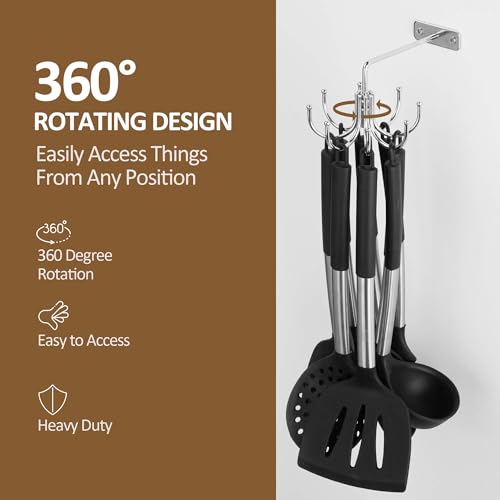 ZEDODIER Kitchen Cooking Utensil Holder, 360° Rotating Kitchen Hooks for Hanging Utensils, Heavy Duty Metal Utensil Rack with 8 Storage Capacity for Utensil, Towel, Pot, Glove, Aprons, Silver - My Kitchen Products