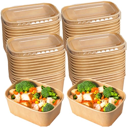 Zentriqlla 50 Pack 25oz Paper Meal Prep Containers with Lids, Disposable Kraft Food Containers, Stackable Oil-Proof Takeout Salad Bowls for Meal Prep, Picnic, Party Supplies, Microwave Freezer Safe - My Kitchen Products