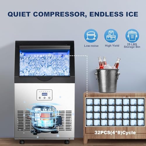 Zomagas 90LBS/24H Commercial Ice Maker Machine, Undercounter or Freestanding Stainless Steel Ice Machine with 25LBS Storage, 32 Cubes/Cycle, Self-Cleaning & Quiet Operation for Home, Bar, Restaurant - My Kitchen Products