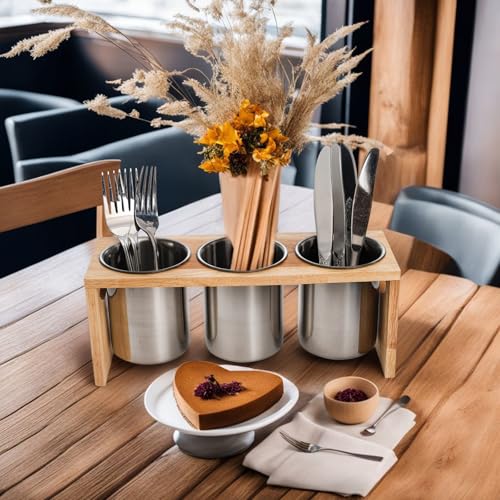 ZOOFOX 3 Pack Silverware Holder, Stainless Steel Utensil Organizer with Wood Base, Flatware Caddy for Spoons, Knives and Forks, Great for Kitchen Table, Cabinet, Pantry - My Kitchen Products