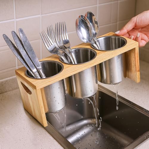 ZOOFOX 3 Pack Silverware Holder, Stainless Steel Utensil Organizer with Wood Base, Flatware Caddy for Spoons, Knives and Forks, Great for Kitchen Table, Cabinet, Pantry - My Kitchen Products