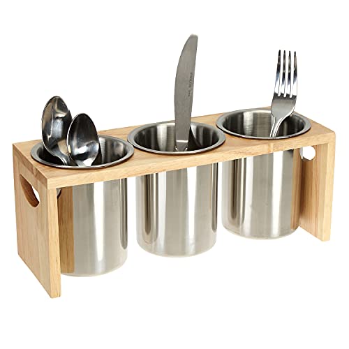 ZOOFOX 3 Pack Silverware Holder, Stainless Steel Utensil Organizer with Wood Base, Flatware Caddy for Spoons, Knives