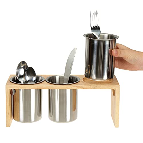 ZOOFOX 3 Pack Silverware Holder, Stainless Steel Utensil Organizer with Wood Base, Flatware Caddy for Spoons, Knives and Forks, Great for Kitchen Table, Cabinet, Pantry - My Kitchen Products