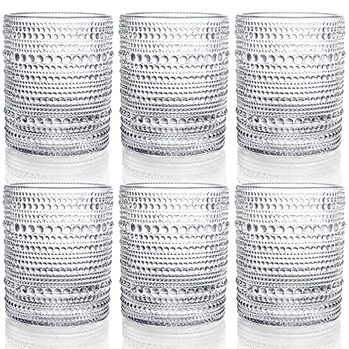 ZOOFOX Set of 6 Romantic Water Glasses, 12 oz Hobnail Glasses Tumbler, Clear Embossed Vintage Glassware Set for Beer