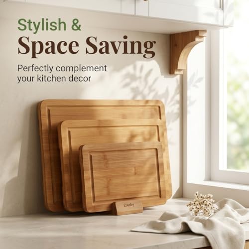 Zoutley 3-Piece Deep Carbonized Bamboo Cutting Board Set with Vertical Drying Stand | Wooden Chopping Boards for Kitchen | Extra Deep Juice Grooves & Easy-Carry Side Handles | Gift-Ready - My Kitchen Products