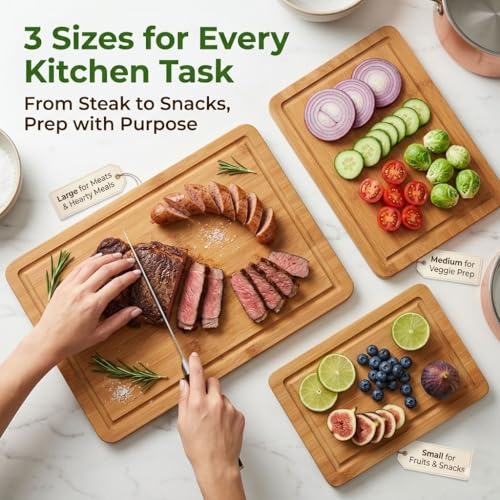 Zoutley 3-Piece Deep Carbonized Bamboo Cutting Board Set with Vertical Drying Stand | Wooden Chopping Boards for Kitchen | Extra Deep Juice Grooves & Easy-Carry Side Handles | Gift-Ready - My Kitchen Products