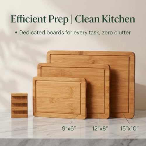 Zoutley 3-Piece Deep Carbonized Bamboo Cutting Board Set with Vertical Drying Stand | Wooden Chopping Boards for Kitchen | Extra Deep Juice Grooves & Easy-Carry Side Handles | Gift-Ready - My Kitchen Products