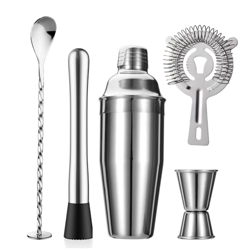 ZPUFAW 5-Piece Cocktail Shaker Set Shaker Strainer Jigger T-Mixing Spoon Muddler Bartender Kit Stainless Steel Bar Set