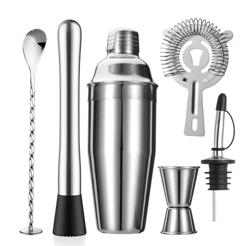 ZPUFAW 6-Piece Cocktail Shaker Set 24oz Shaker Strainer Muddler Jigger Mixing Spoon Pour Spout Bartender Kit Stainless Steel