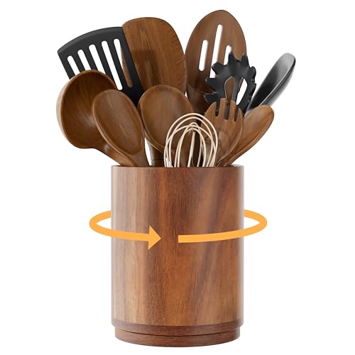 ZUJJAFY Utensil Holder, 360° Rotating Acacia Wood Kitchen Utensil Holder for Counter, 7.2" Large Cooking Utensil Crock