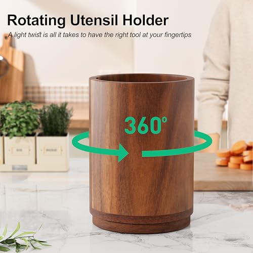 ZUJJAFY Utensil Holder, 360° Rotating Acacia Wood Kitchen Utensil Holder for Counter, 7.2" Large Cooking Utensil Crock for Countertop, Wooden Utensils Organizer for Cooking Spatula Storage - My Kitchen Products