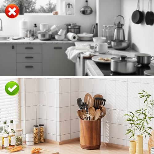ZUJJAFY Utensil Holder, 360° Rotating Acacia Wood Kitchen Utensil Holder for Counter, 7.2" Large Cooking Utensil Crock for Countertop, Wooden Utensils Organizer for Cooking Spatula Storage - My Kitchen Products