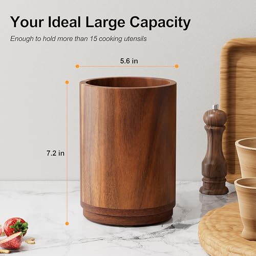 ZUJJAFY Utensil Holder, 360° Rotating Acacia Wood Kitchen Utensil Holder for Counter, 7.2" Large Cooking Utensil Crock for Countertop, Wooden Utensils Organizer for Cooking Spatula Storage - My Kitchen Products