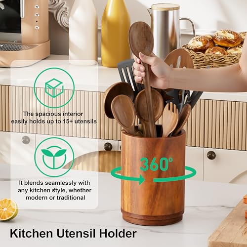 ZUJJAFY Utensil Holder, 360° Rotating Acacia Wood Kitchen Utensil Holder for Counter, 7.2" Large Cooking Utensil Crock for Countertop, Wooden Utensils Organizer for Cooking Spatula Storage - My Kitchen Products
