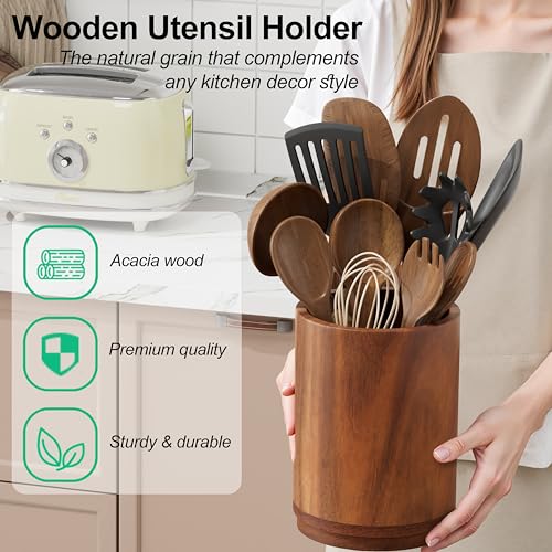 ZUJJAFY Utensil Holder, 360° Rotating Acacia Wood Kitchen Utensil Holder for Counter, 7.2" Large Cooking Utensil Crock for Countertop, Wooden Utensils Organizer for Cooking Spatula Storage - My Kitchen Products
