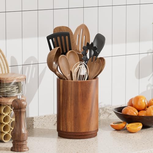 ZUJJAFY Utensil Holder, 360° Rotating Acacia Wood Kitchen Utensil Holder for Counter, 7.2" Large Cooking Utensil Crock for Countertop, Wooden Utensils Organizer for Cooking Spatula Storage - My Kitchen Products