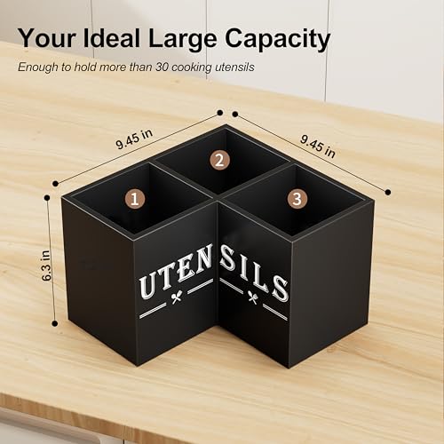 ZUJJAFY Utensil Holder for Kitchen Counter, Corner Kitchen Utensil Holder for Countertop with 3 Compartments, Wooden Cooking Utensil Organizer for Spatula Storage, Black - My Kitchen Products