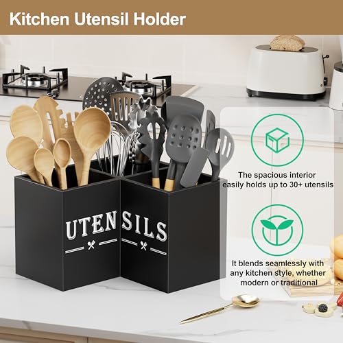 ZUJJAFY Utensil Holder for Kitchen Counter, Corner Kitchen Utensil Holder for Countertop with 3 Compartments, Wooden Cooking Utensil Organizer for Spatula Storage, Black - My Kitchen Products