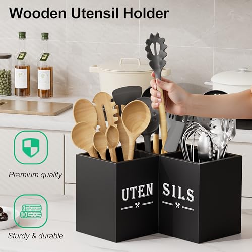 ZUJJAFY Utensil Holder for Kitchen Counter, Corner Kitchen Utensil Holder for Countertop with 3 Compartments, Wooden Cooking Utensil Organizer for Spatula Storage, Black - My Kitchen Products