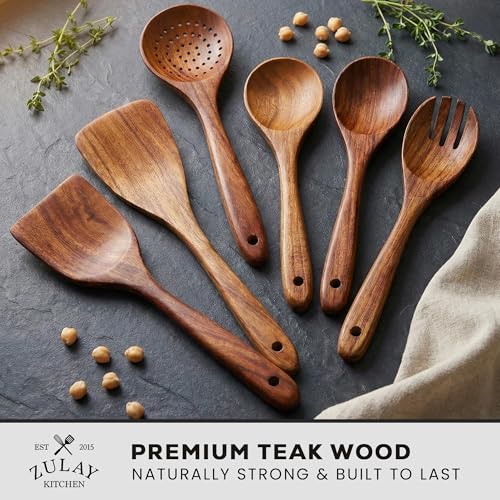 Zulay Kitchen 6 Piece Wooden Spoons for Cooking – Natural Teak Wooden Utensil Set, Easy to Clean, Durable, Smooth with Comfort Grip - Non Toxic Wooden Cooking Utensil Sets - My Kitchen Products