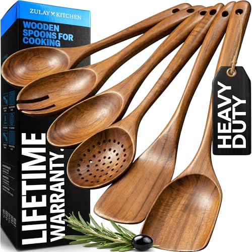Zulay Kitchen 6 Piece Wooden Spoons for Cooking, Natural Teak Wooden Utensil Set, Easy to Clean