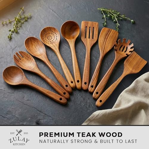 Zulay Kitchen 9-Piece Teak Wood Cooking Utensil Set – Non-Toxic & Non-Stick Safe Wooden Spoons & Kitchen Tools with Comfortable Grip, Smooth Finish Natural Teak – Perfect Kitchen Gift Set - My Kitchen Products
