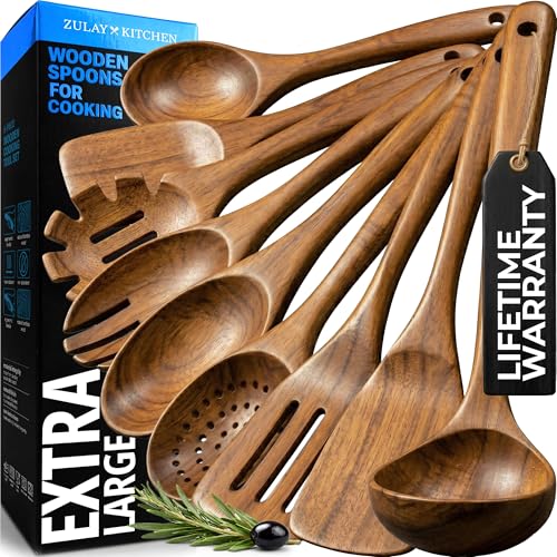 Zulay Kitchen 9-Piece Teak Wood Cooking Utensil Set – Non-Toxic & Non-Stick Safe Wooden Spoons & Kitchen Tools with Comfortable Grip, Smooth Finish Natural Teak – Perfect Kitchen Gift Set - My Kitchen Products
