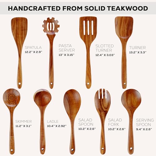 Zulay Kitchen 9-Piece Teak Wood Cooking Utensil Set – Non-Toxic & Non-Stick Safe Wooden Spoons & Kitchen Tools with Comfortable Grip, Smooth Finish Natural Teak – Perfect Kitchen Gift Set - My Kitchen Products