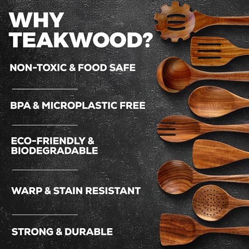 Zulay Kitchen 9-Piece Teak Wood Cooking Utensil Set – Non-Toxic & Non-Stick Safe Wooden Spoons & Kitchen Tools with Comfortable Grip, Smooth Finish Natural Teak – Perfect Kitchen Gift Set - My Kitchen Products
