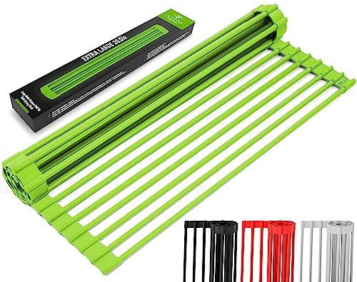 Zulay Kitchen Large Roll Up Dish Drying Rack - Heavy Duty Silicone Wrapped Steel Rods Over Sink Dish Drying Rack - Versatile Roll Up Sink Drying Rack & Trivet - Green,20.5 inches x 13 inches - My Kitchen Products