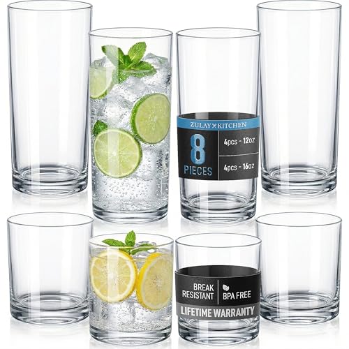 Zulay Kitchen Plastic Drinking Glasses (Set of 8) – Mixed 16oz & 12oz Acrylic Shatterproof Cups for Home, Kitchen & Outdoors – Crystal Clear Glass Look – BPA & Lead-Free – Top-Rack Dishwasher Safe - My Kitchen Products