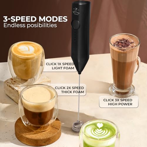 Zulay Kitchen Rechargeable Milk Frother Handheld - Frother Wand, Drink Mixer, Electric Whisk Frother, for Cappuccinos, Matcha & Protein Powder - Dynamic 3 Whisk, 3 Speed 500mAh Black - My Kitchen Products